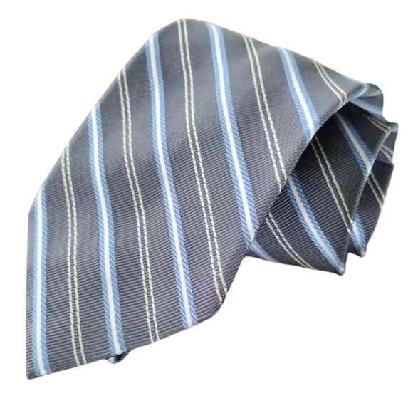 Repp Stripe Necktie 100% Silk Tie Gray Blue White Jos.A.Bank Mens - Picture 1 of 13